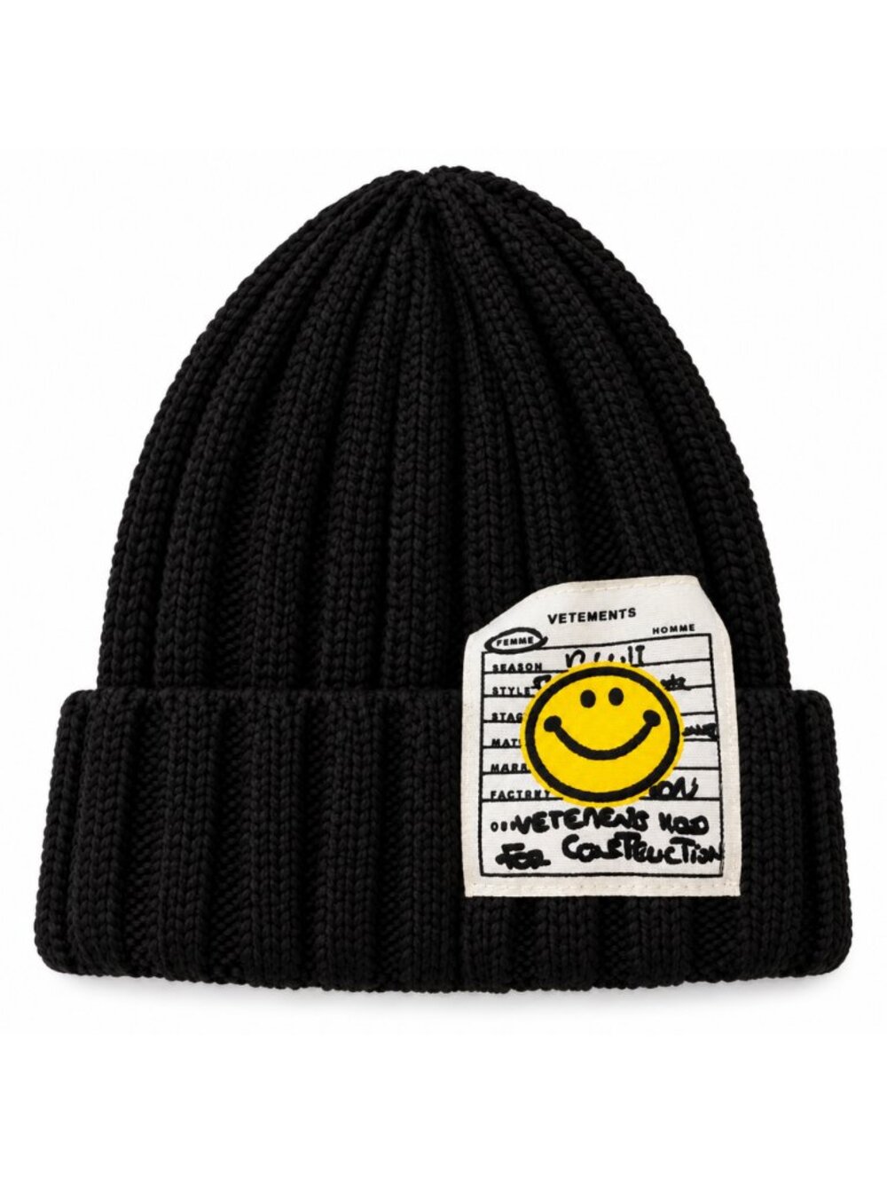 Smiley Patch Ribbed Beanie-Black